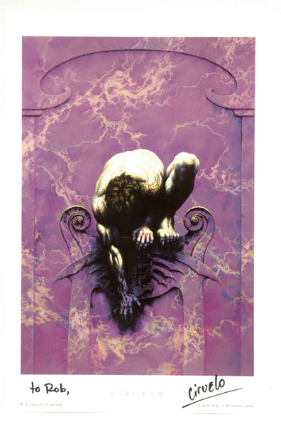 Signed Ciruelo Print, Clawed Man on Perch, "Aluxe", by Ciruelo  