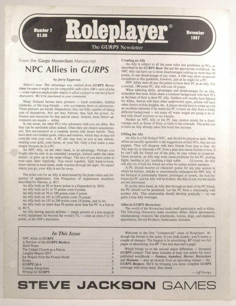 Roleplayers GURPS Newsletter November 1987 #7, by   