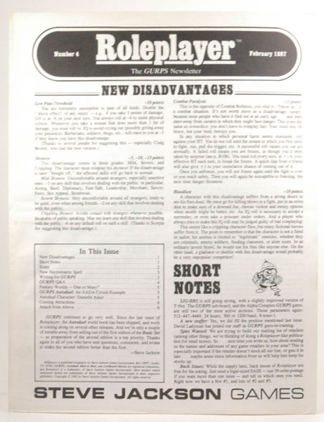 Roleplayer: The GURPS Newsletter #4 February 1987, by   
