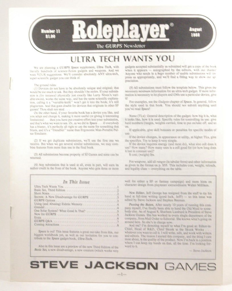 Roleplayer: The GURPS Newsletter #11 August 1988, by   