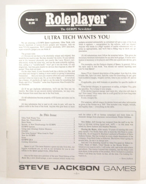 Roleplayer: The GURPS Newsletter #11 August 1988, by   